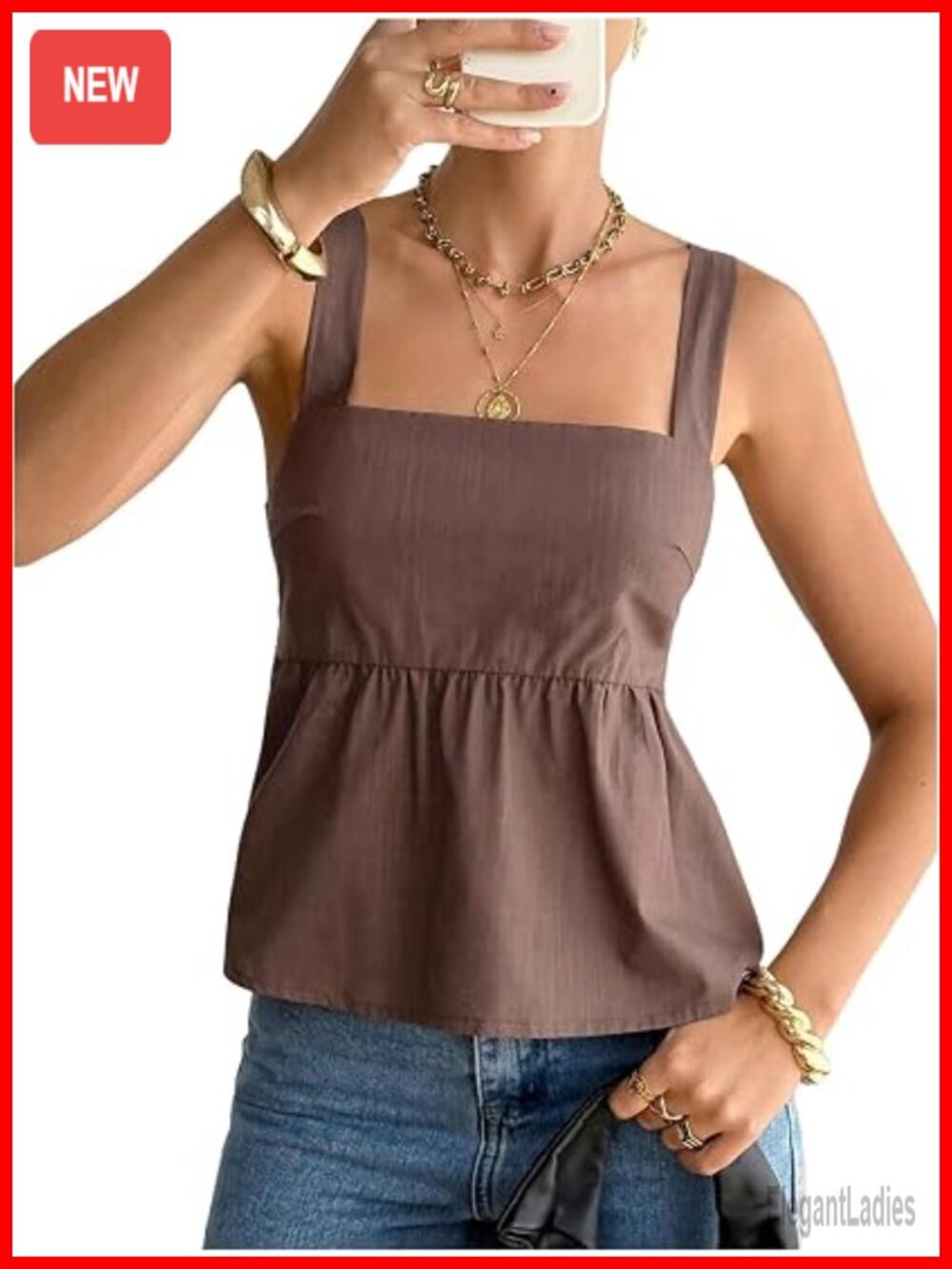 Square Neck Babydoll Peplum Tank Top Sleeveless Tie Back Ruffled Top